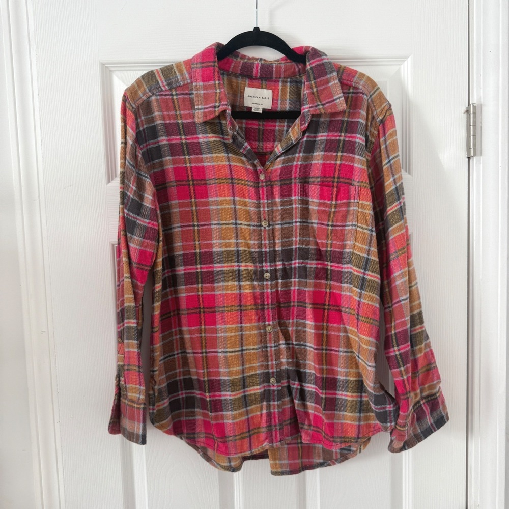 American Eagle Plaid‎ Flannel Button Up Shirt M Pink Orange Brown Boyfriend Fit